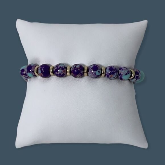 NWT Wool + Pepper Co. Turquoise/Purple & Gold Beaded Bracelet - Picture 1 of 4